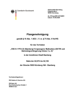 Plangenehmigung für das Vorhaben „VDE 8.1 PFA 22 (Bamberg) Vorgezogene Maßnahme (ESTW und Bahnsteigverlängerung Gleise 3 u. 6)“